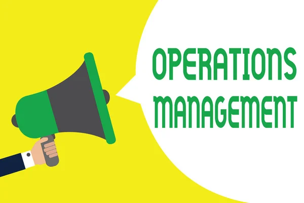 Writing note showing Operations Management. Business photo showcasing ensure Inputs to Output the Production and Provision Man holding megaphone loudspeaker speech bubble message speaking loud.