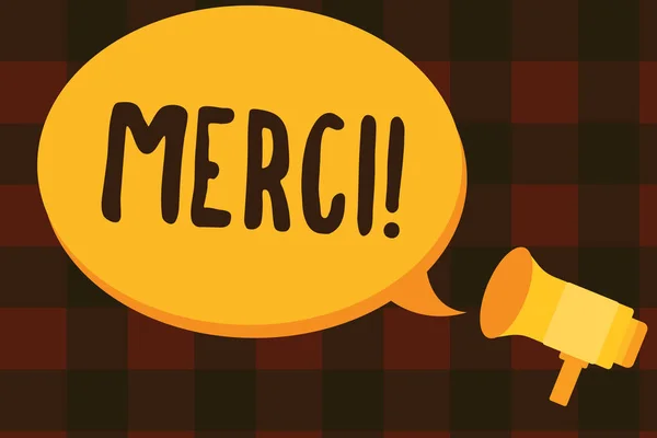Text tecken visar Merci. Konceptuella foto definieras som tack i franska språket att vara tacksam att någon — Stockfoto