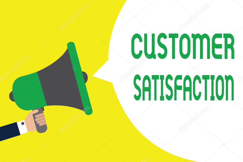 Writing note showing Customer Satisfaction. Business photo showcasing Exceed Consumer Expectation Satisfied over services Man holding megaphone loudspeaker speech bubble message speaking loud.
