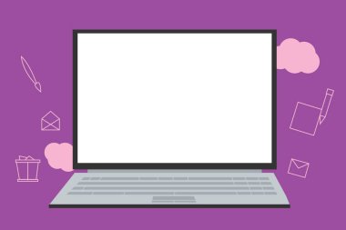 Düz tasarım iş vektör illüstrasyon kavramı boş şablon kopya alanı izole posterler kupon promosyon malzemesi açık dizüstü bilgisayar boş ekran ve yazma simgeleri ile bulutlu zemin üzerinde yüzen