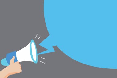 Düz tasarım vektör çizim boş esp şablon kopya alanı metin reklam, promosyon, poster, afiş, web reklam, makale insan eli elinde megafon ses efekti ve boş yayın kabarcık için