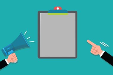 Düz tasarım vektör çizim boş esp şablon kopya alanı metin reklam, promosyon, poster, afiş, web reklam, makale başka bir işaretçi boş bir panoya megafon Holding iki insan eller için