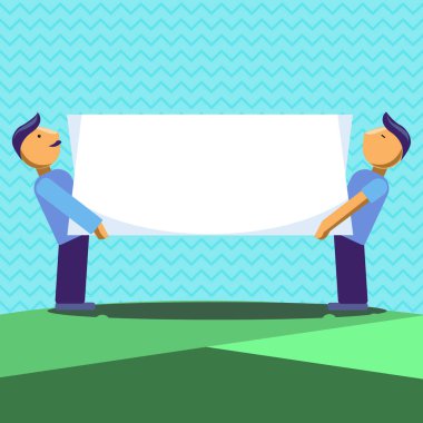 Düz tasarım iş vektör illüstrasyon kavramı boş kopya alanı modern arka plan geometrik öğesi iki erkek ayakta taşıyan dikdörtgen paneli pano iki yüze