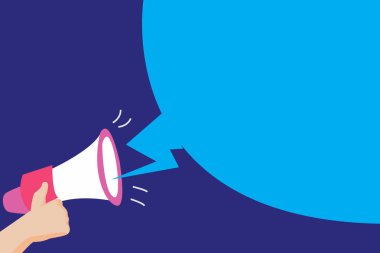 Düz tasarım iş vektör çizim kavramı boş kopya alanı modern arka plan geometrik öğesi insan eli elinde megafon ses efekti ve boş yayın kabarcık
