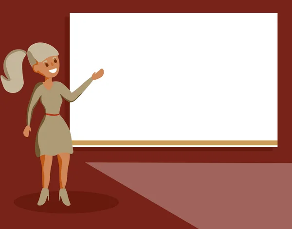 Plochý design podnikání vektorové ilustrace prázdný esp izolované minimalistické grafické podoby šablona pro reklamní žena stojící mluví rukou prezentace Audio vizuální prázdné projekční — Stockový vektor