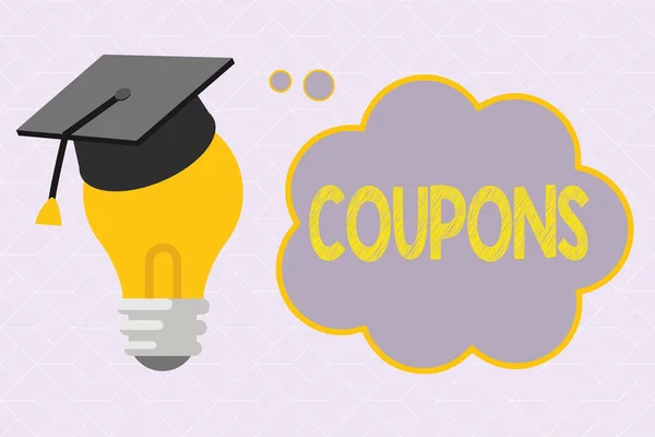 Tekst teken weergegeven: Coupons. Conceptuele foto certificaat Ticket Label voor geschenk kortingsprijs promotie verkoop — Stockfoto