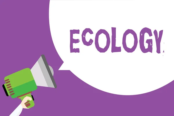 Texte d'écriture de mots Ecologie. Concept d'affaires pour Direction de la science relation organismes environnement Étude scientifique Homme tenant mégaphone haut-parleur parole bulle message violet fond . — Photo