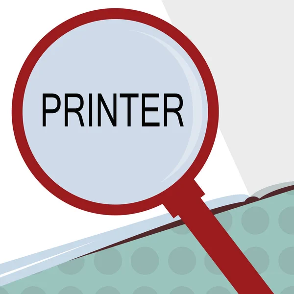 개념적 손을 보여주는 프린터 쓰기입니다. 비즈니스 사진 텍스트 컴퓨터 사무 기기에서 만들어진 것 들을 인쇄 하는 데 사용 하는 장치 — 스톡 사진