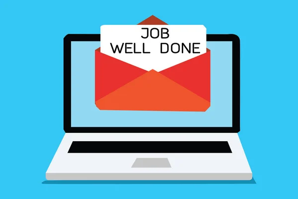 Text sign showing Job Well Done. Conceptual photo Well Performed You did it Cheers Approval Par Accomplished Computer receiving email important message envelope with paper virtual. — Stock Photo, Image