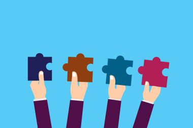 Düz tasarım iş vektör illüstrasyon kavramı boş şablon kopya alanı posterler kupon promosyon malzemesi insan eli her tutan parça, boş katı renk parçalı bulmaca döşeme izole.