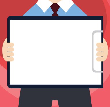 Takım elbise ayakta tutan yatay olarak Pano boş kağıt ile erkekte reklam için düz tasarım iş vektör çizim boş şablon esp izole Minimalist grafik düzeni şablonu