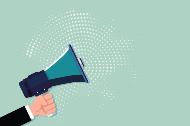 Erkek insan elini tutarak sürükleyici bir megafon noktalı noktalı resim deseni üzerinde reklam için düz tasarım iş vektör çizim boş şablon esp izole Minimalist grafik düzeni şablonu