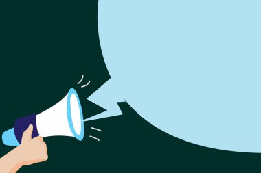 Düz tasarım iş vektör illüstrasyon kavramı boş kopya metin esp için şablon insan eli elinde megafon ses efekti ve boş yayın kabarcık promosyon malzeme sahte Web afiş