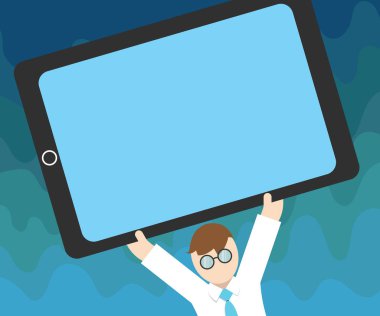 Düz tasarım iş vektör çizim boş kopya alanı metin reklam Web sitesi tanıtım için esp Banner şablon adam giyen kravat gözlük silah yükseltme yukarı doğru büyük boş ekran Tablet izole.