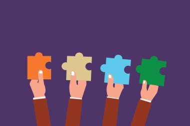 Düz tasarım vektör çizim boş esp şablon kopya alanı metin reklam, promosyon, poster, afiş, web reklam, makale insan için her tutan parça, boş katı renk parçalı bulmaca döşeme eller