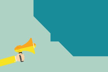 Yarım konuşma balonu düz tasarım iş vektör çizim kavramı boş kopya alanı modern arka plan geometrik öğesi insan eli elinde megafon ve boş geometrik şekil