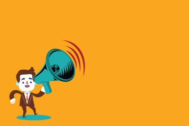 Düz tasarım iş vektör çizim kavramı boş kopya alanı modern arka plan geometrik öğesi erkek takım elbise Earpad ayakta hareketli tutarak bir megafon ses simgesi ile