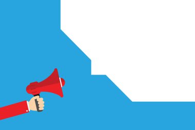 Düz tasarım Vektör İllüstrasyonu Boş esp şablon metni Ad, promosyon, poster, broşür, web afişi, makale İnsan El Tutma Megaponu ve Boş Geometrik şekil Yarım Konuşma Balonu