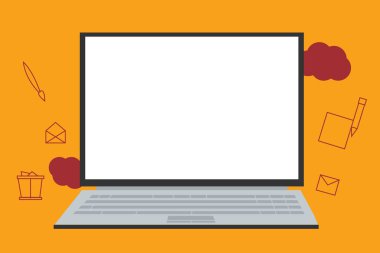 Düz tasarım iş vektör illüstrasyon kavramı boş şablon kopya alanı metin reklam Web sitesi için esp izole 3d izometrik açık Laptop boş ekran ve kutsal kişilerin resmi yazı ile bulutlu zemin üzerinde yüzen