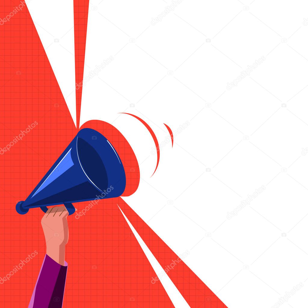 Flat design business Vector Illustration concept Empty copy text for esp Web banners promotional material mock up template Human Hand Holding Upward Megaphone with Volume Sound Range Pitch Power