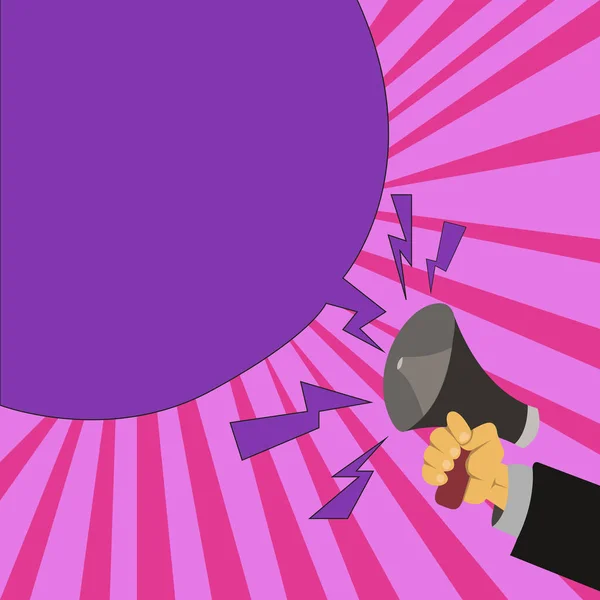 Reklam erkek insan eli elinde megafon bağırarak bağırıyor ve boş konuşma balonu için düz tasarım iş vektör çizim boş şablon esp izole Minimalist grafik düzeni şablonu — Stok Vektör