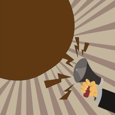 Düz tasarım iş vektör çizim boş kopya alanı metin reklam Web sitesi tanıtım esp erkek insan el Holding megafon Yelling ve boş konuşma balonu bağırarak Banner şablon izole için