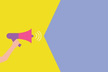 Düz tasarım iş vektör çizim boş şablon düzeni için davet tebrik kartı promosyon posteri fiş insan eli elinde megafon ses ses efekti simgesini metin alanı ile için