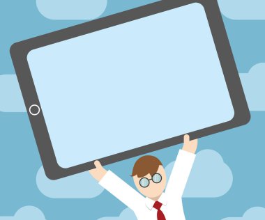 Düz tasarım iş vektör çizim kavramı boş kopya alanı modern arka plan geometrik öğesi adam giyen kravat gözlük silah yükseltme yukarı doğru büyük boş ekran Tablet