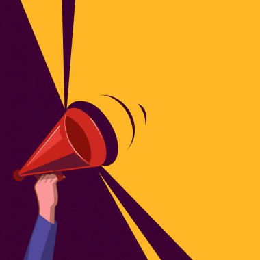 Düz tasarım iş vektör çizim boş şablon düzeni için davet tebrik kartı promosyon posteri fiş insan elini tutarak yukarı megafon ses ses aralığı Pitch gücü ile için
