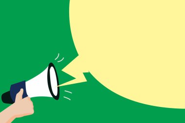 Düz tasarım iş vektör illüstrasyon kavramı boş şablon kopya alanı metin reklam Web sitesi için esp 3d izometrik insan eli megafon ses efekti ve boş kabarcık Yayın Holding izole.