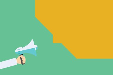 Düz tasarım iş vektör çizim boş şablon düzeni için davet tebrik kartı promosyon posteri fiş insan eli elinde megafon ve boş geometrik şekli yarım konuşma balonu için