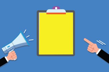 Düz tasarım iş vektör illüstrasyon kavramı boş alan modern arka plan geometrik öğe iki insan elinde megafon tutan başka bir işaretçi boş bir panoya kopyala