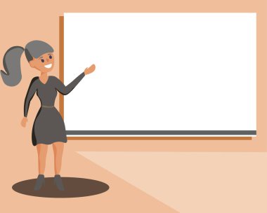 Düz tasarım iş vektör çizim boş şablon düzeni için davet tebrik kartı promosyon posteri fiş kadın ayakta konuşurken el sunan ses görsel boş projektörü ekran için