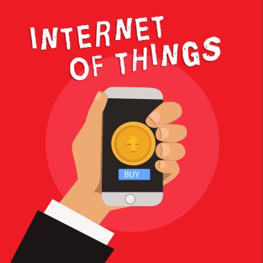 Internet Of Things gösterilen Not yazma. Bağlantı net almak veri göndermek için cihazların vitrine iş fotoğraf