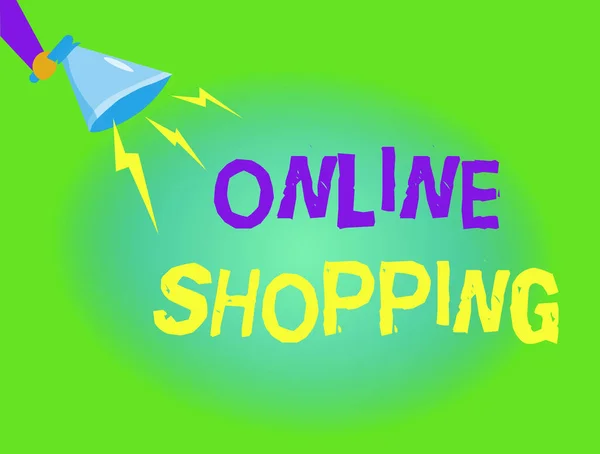 Schrijfbriefje met online winkelen. Zakelijke foto presentatie stelt consumenten in staat om hun goederen te kopen via het internet — Stockfoto