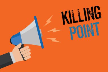 Kavramsal el ölüm noktası gösterilen yazma. İş fotoğraf metin aşama son bir daha gözden geçirme sahne kapısı proje değerlendirme No Man git holding hoparlör turuncu arka plan yüksek sesle konuşan mesaj.