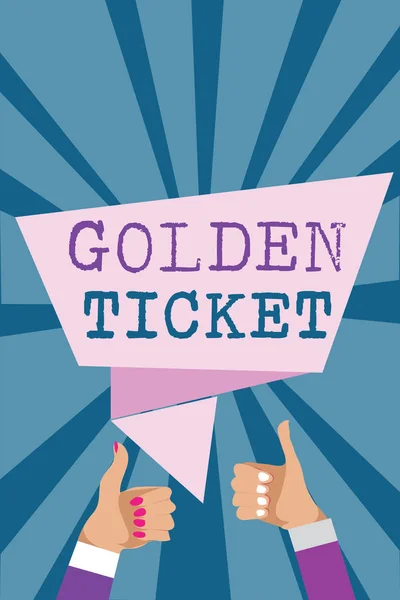 Writing note showing Golden Ticket. Business photo showcasing Rain Check Access VIP Passport Box Office Seat Event Man woman hands thumbs up approval speech bubble rays background.