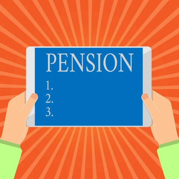 Escritura a mano conceptual que muestra la Pensión. Foto de negocios mostrando los ingresos que las personas mayores ganan después de la jubilación Ahorra para los años de edad avanzada — Foto de Stock