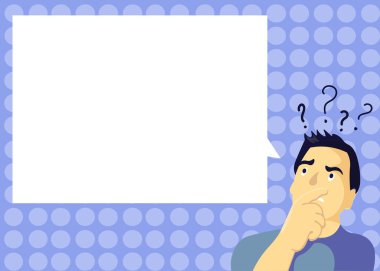 Adam ifade karışık el ağız soru işareti simgesini boş metin kabarcık reklam için düz tasarım iş vektör çizim boş şablon esp izole Minimalist grafik düzeni şablonu