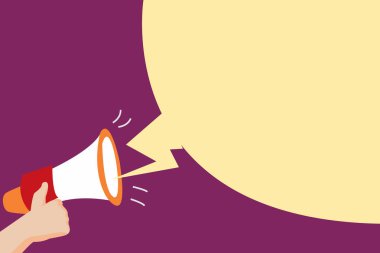 Düz tasarım iş vektör çizim boş şablon düzeni için davet tebrik kartı promosyon posteri fiş insan eli elinde megafon ses efekti ve boş yayın kabarcık için