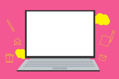 Düz tasarım iş vektör illüstrasyon kavramı boş kopya metin esp için Web afiş şablon boş ekran ve simgeler yazma ile açık dizüstü promosyon malzeme sahte bulutlu zemin üzerinde yüzen