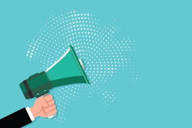 Düz tasarım iş vektör çizim boş şablon düzeni için davet tebrik kartı promosyon posteri fiş erkek insan elini tutarak sürükleyici bir megafon noktalı noktalı resim deseni için