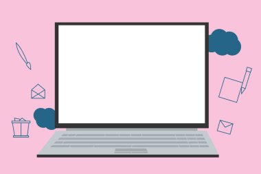 Açık Laptop ile boş ekran reklam ve simgeler yazmak için düz tasarım iş vektör çizim boş şablon esp izole Minimalist grafik düzeni şablonu bulutlu zemin üzerinde yüzen
