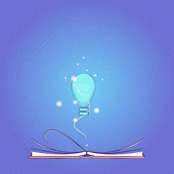 Diseño plano Vector Ilustración Empty esp template copy space text for Ad, promotion, poster, flyer, web banner, article Iluminated Bulb Glow with Filament Hovering Over Open Pages Flipping Book — Archivo Imágenes Vectoriales