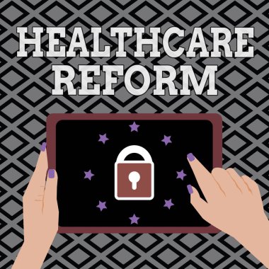 Kavramsal el sağlık reformu gösterilen yazma. İş fotoğraf vitrine yenilik ve bakım programının kalitesini iyileştirme