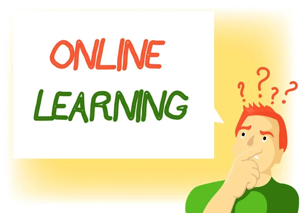 Nota di scrittura che mostra l'apprendimento online. Foto aziendale in mostra Larning con l'assistenza di Internet e un computer — Foto Stock