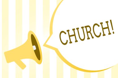 Kilise gösterilen Not yazma. Bina vitrine iş fotoğraf genel Hıristiyan ibadet dini manevi yer megafon hoparlör sarı şeritler önemli mesaj konuşma balonu için kullanılan.