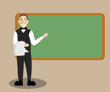 Düz tasarım iş vektör çizim boş kopya alanı metin reklam Web sitesi tanıtım için esp Banner şablon erkek garson gülümseyerek ayakta tek tip el sunan menü pano içinde izole.