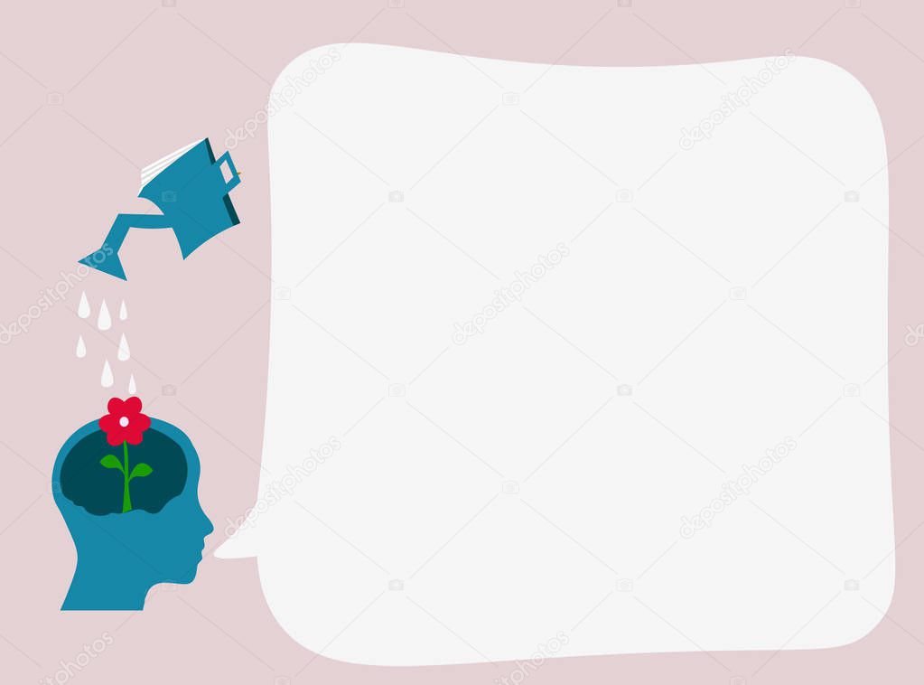 Flat design business Vector Illustration concept Empty template copy space isolated Posters coupons promotional material Water Sprinkler Pouring Drops on Flower in Human Head Blank Speech Bubble