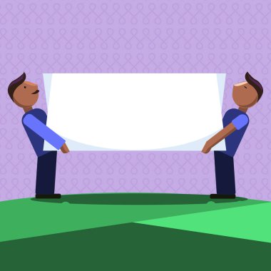 Düz tasarım iş vektör illüstrasyon kavramı boş şablon kopya alanı metin reklam Web sitesi için esp 3d izometrik iki erkek ayakta taşıyan dikdörtgen paneli pano iki yüze izole.